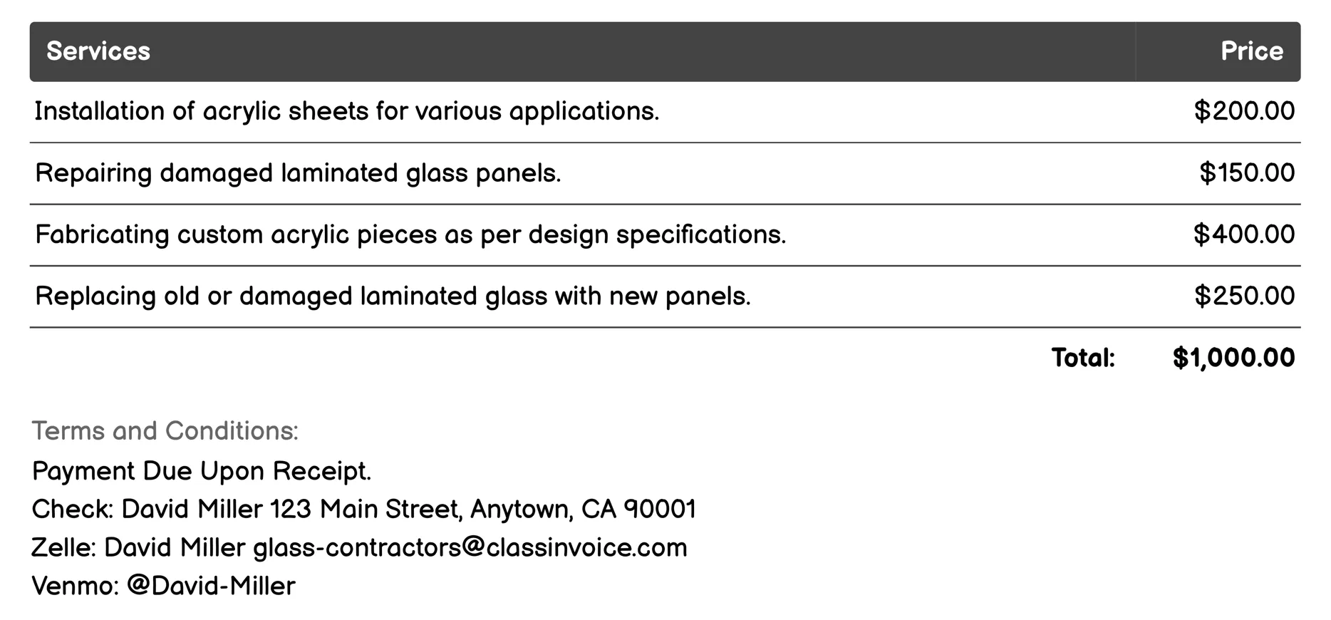Acrylic and Laminated Glass Services Invoice Example