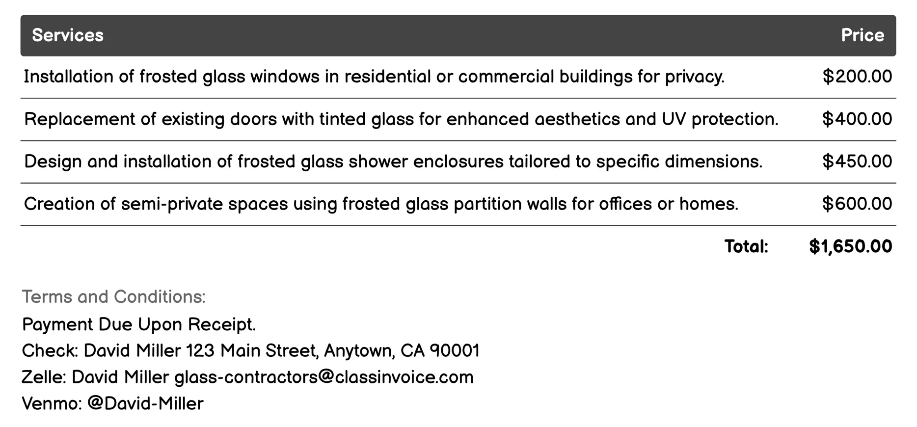 Frosted and Tinted Glass Applications Invoice Example