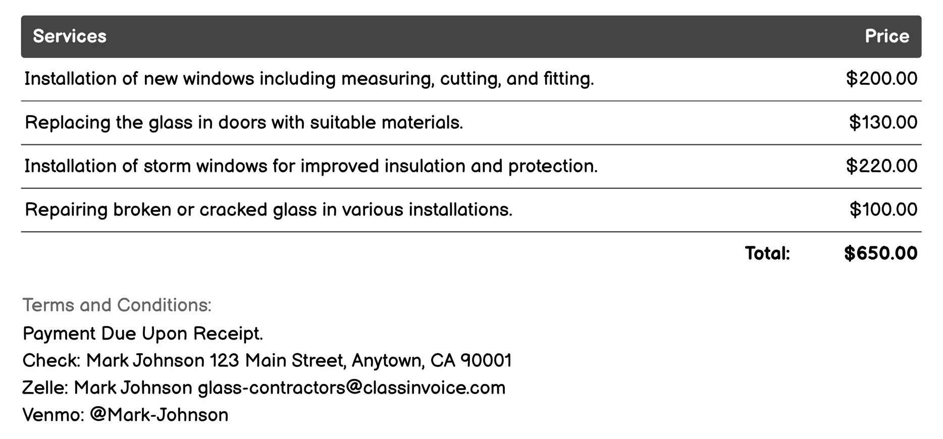 Glazing Services Invoice Example