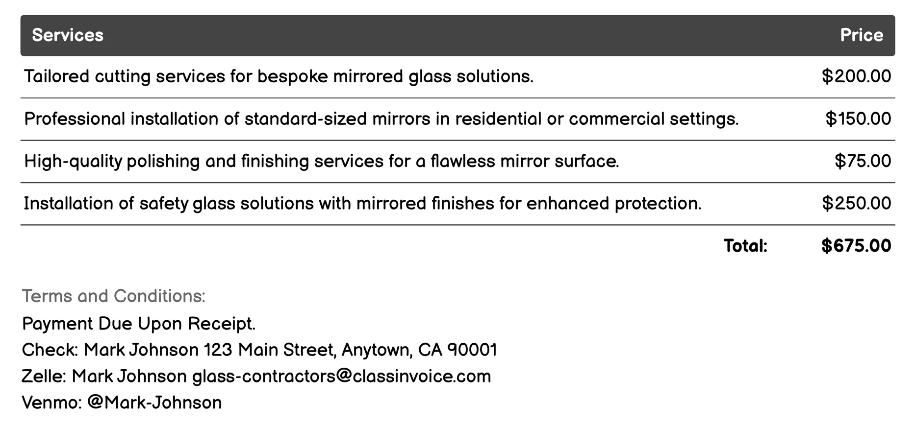 Mirrored Glass Solutions Invoice Example