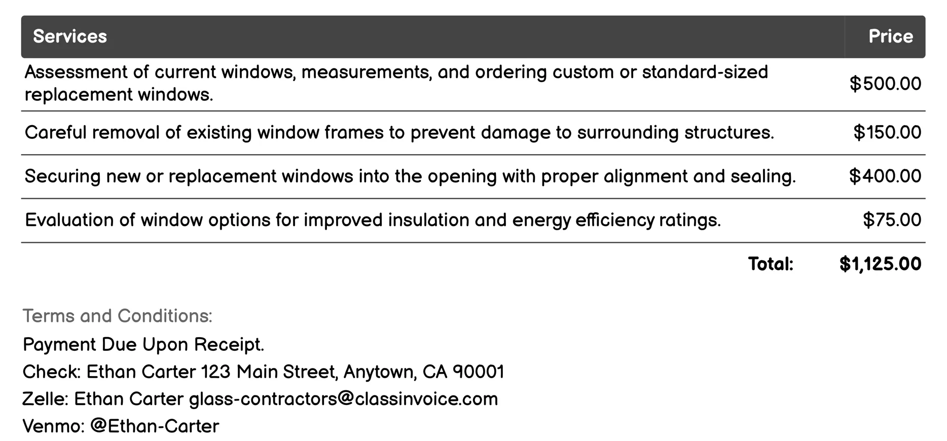 Window Installation and Replacement Invoice Example