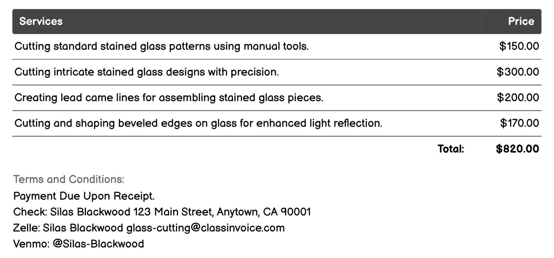 Stained Glass Cutting Invoice Example