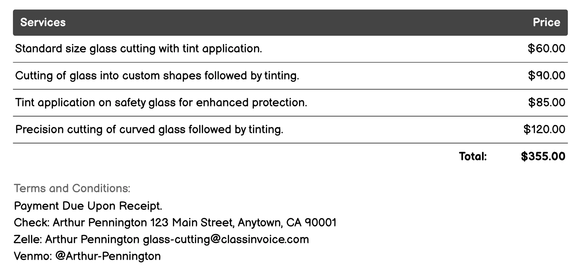 Tinted Glass Cutting Invoice Example