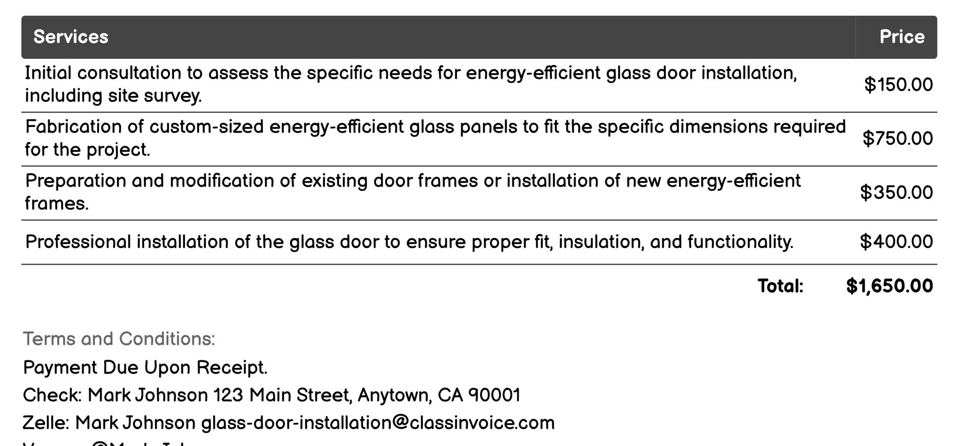 Energy Efficient Glass Door Installation Invoice Example