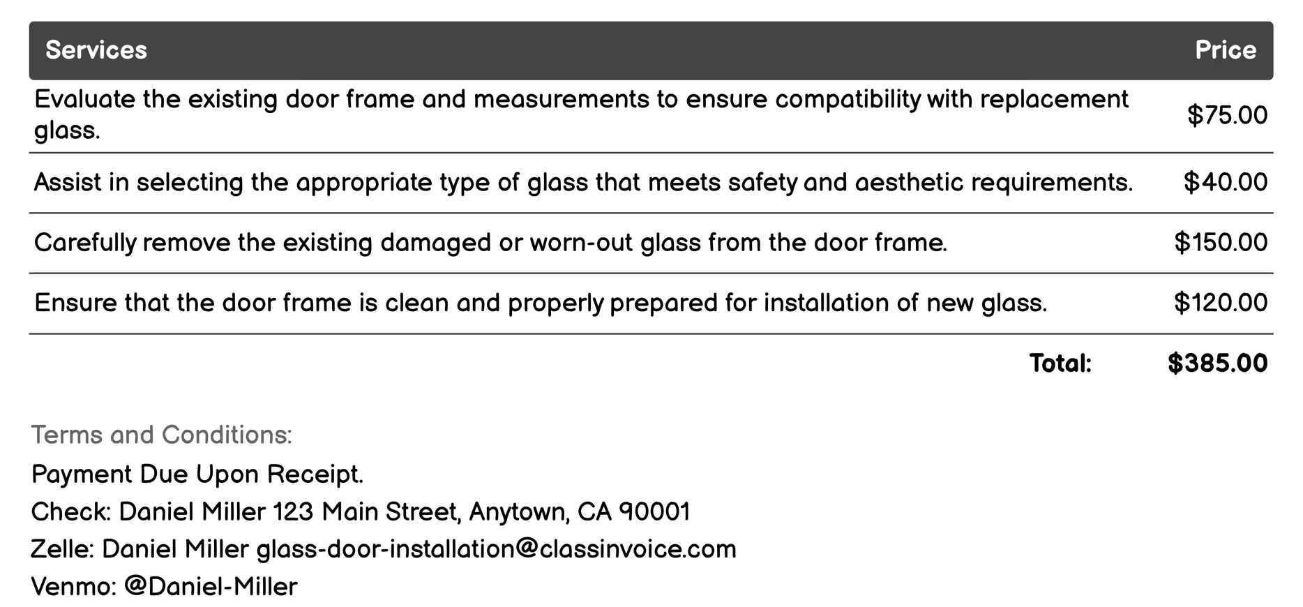 Replacement Glass Door Installation Invoice Example