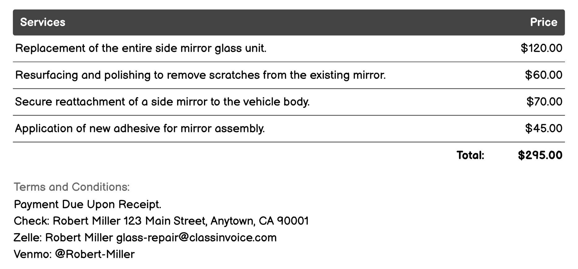 Auto Side Mirror Repair Invoice Example