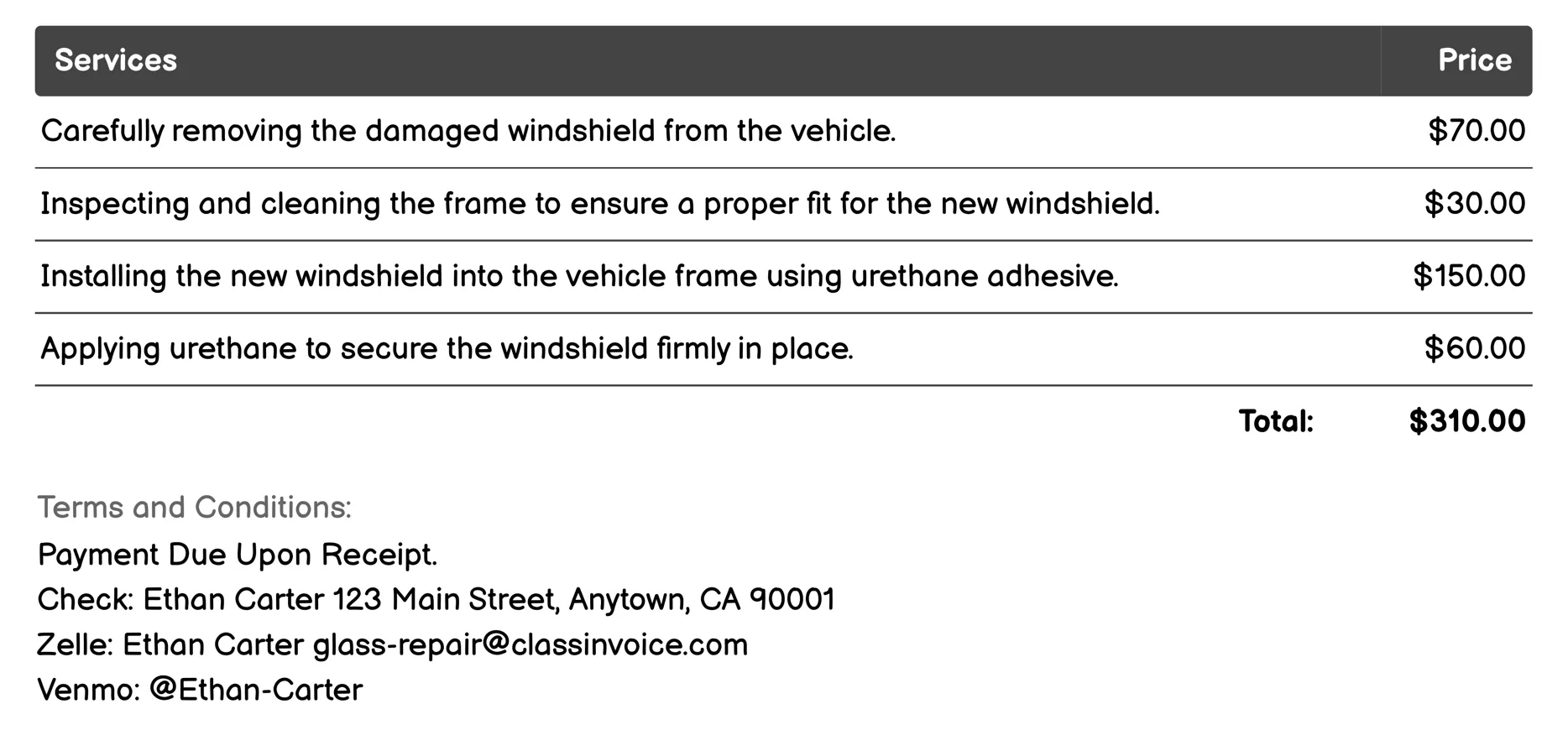 Car Windshield Replacement Invoice Example