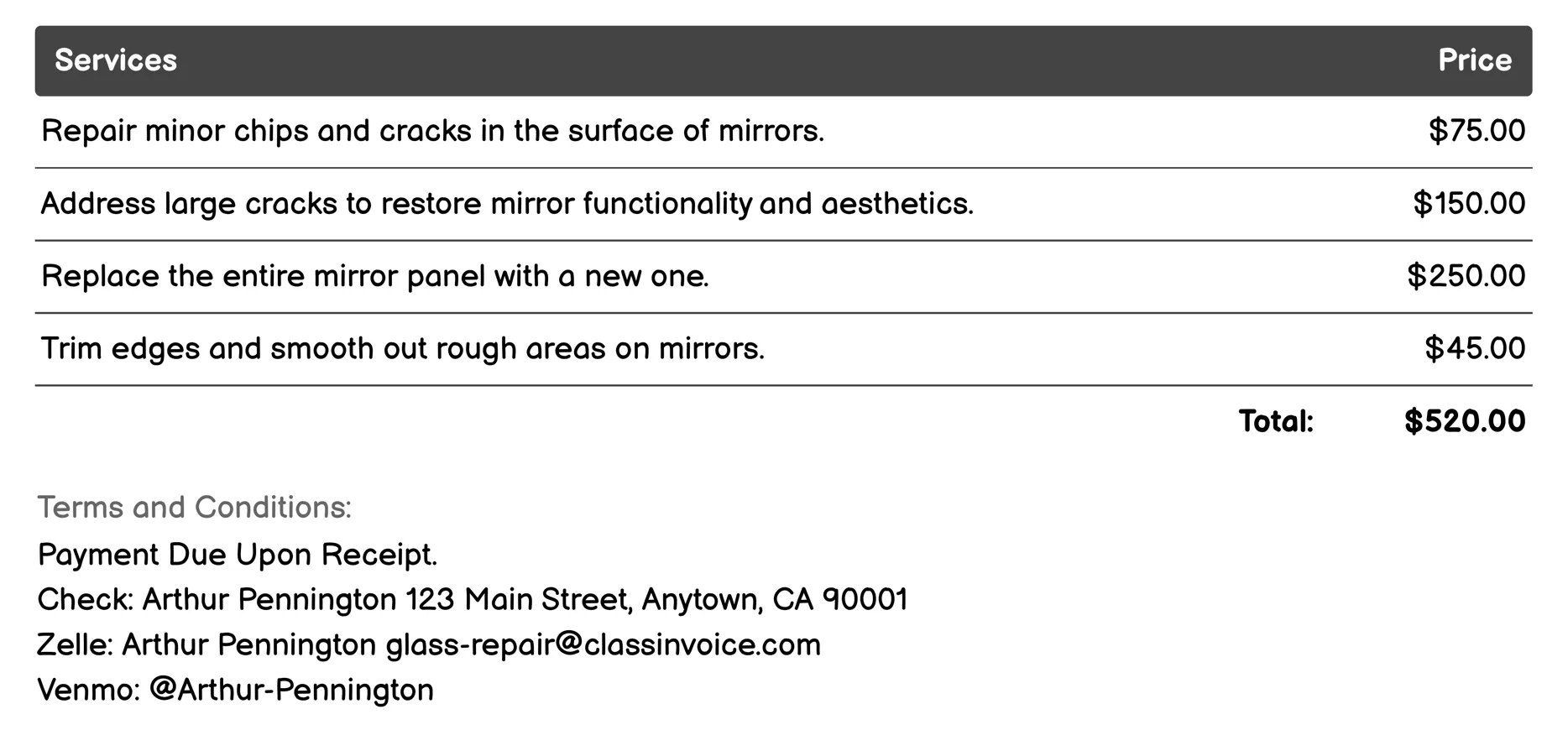 Mirror Repair Invoice Example