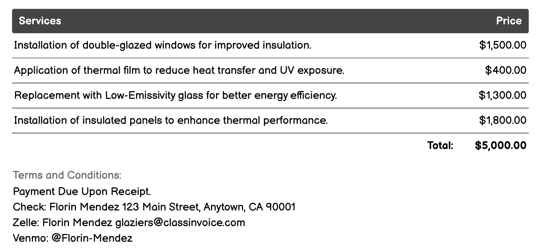 Energy Efficient Glass Services Invoice Example