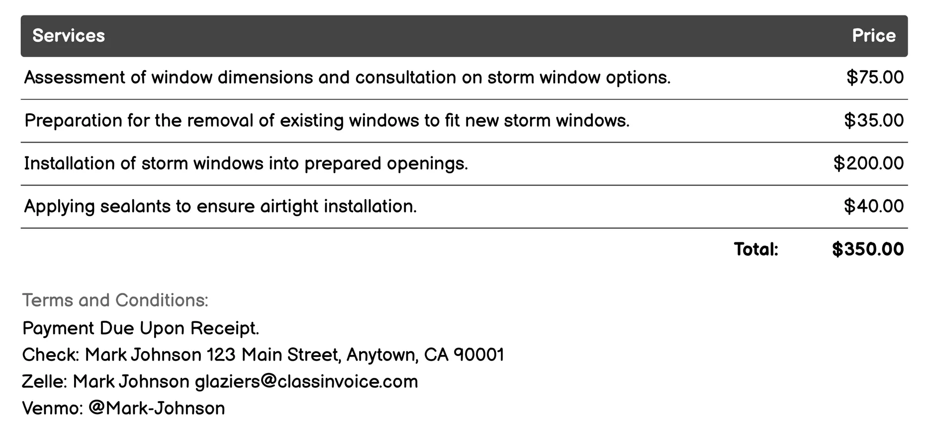 Storm Window Installation Invoice Example