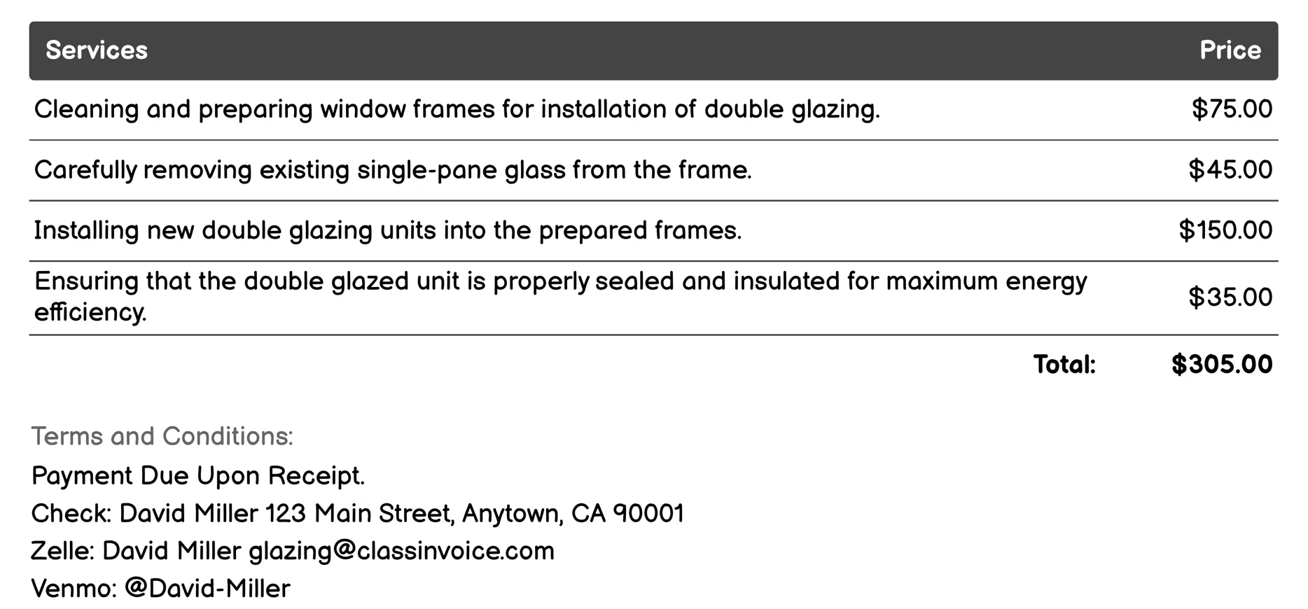 Double Glazing Invoice Example