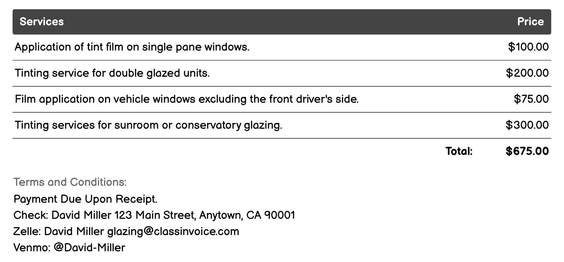 Tinting Services Invoice Example