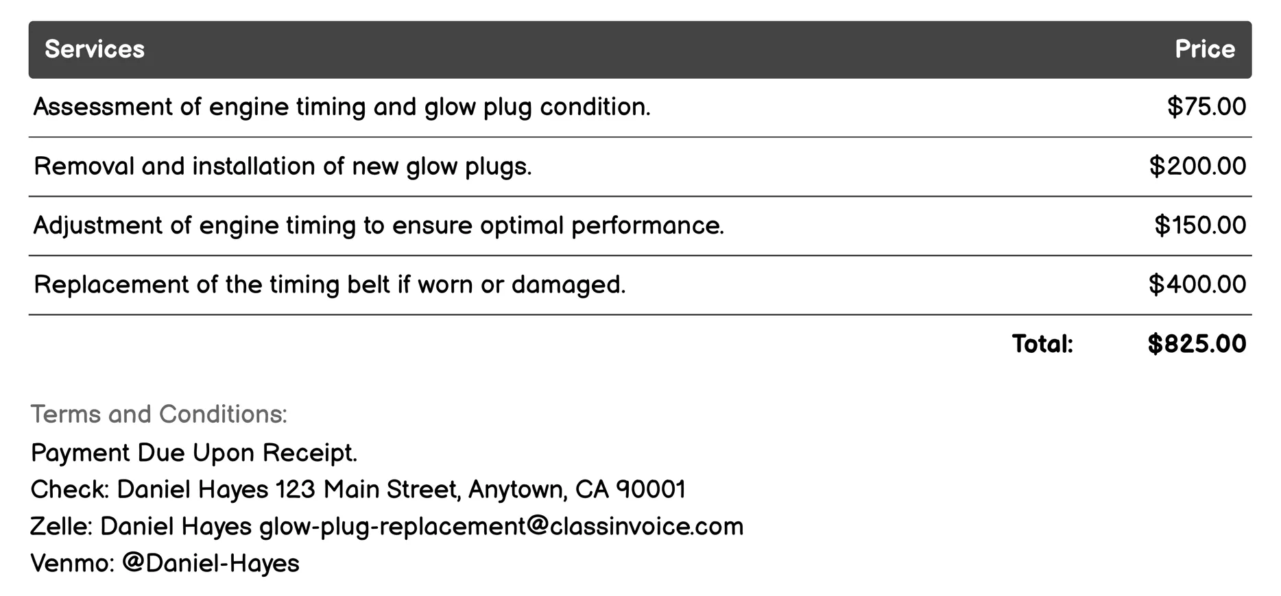 Engine Timing Adjustment Invoice Example