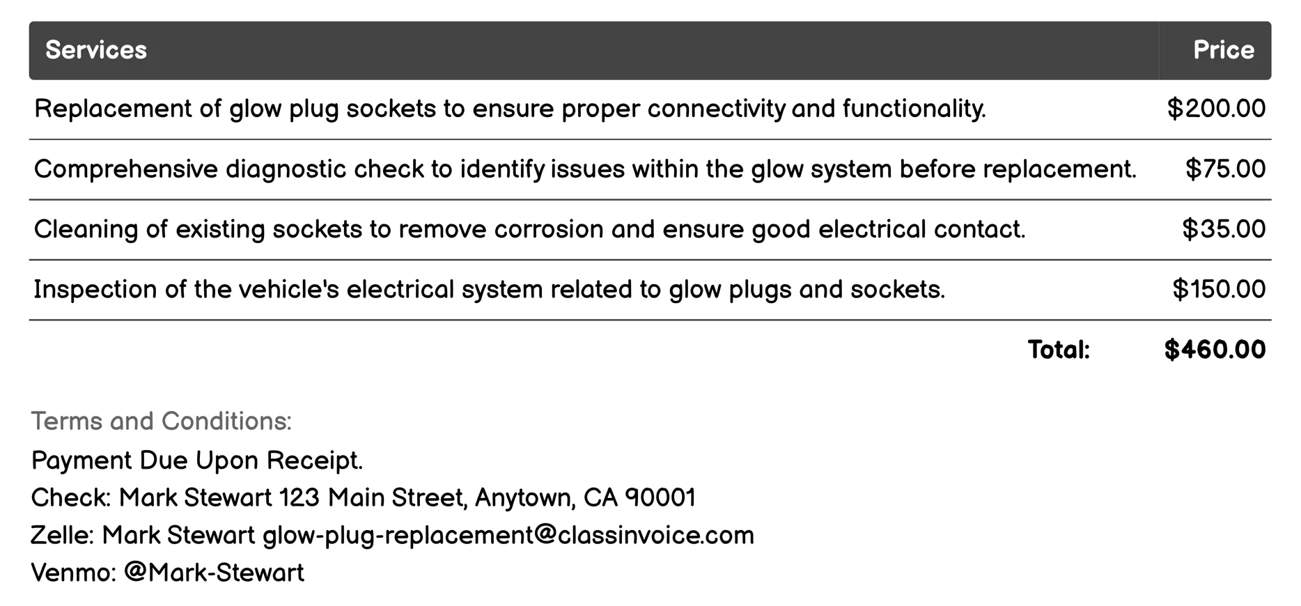 Glow Plug Socket Replacement Invoice Example