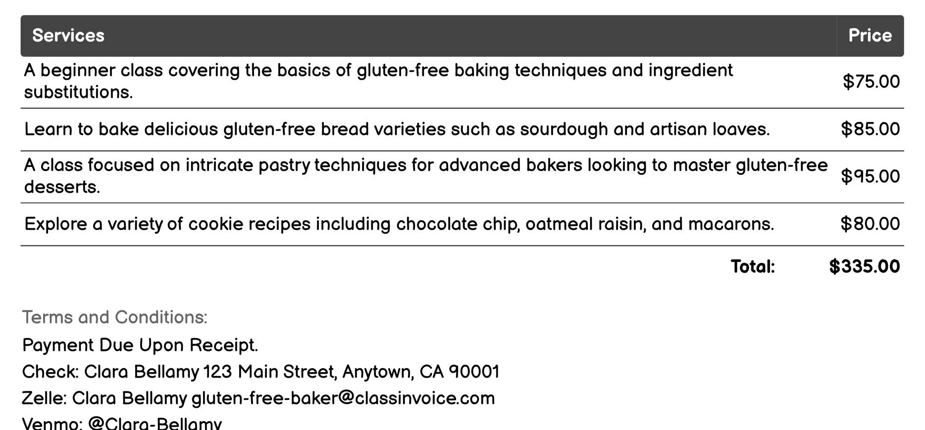 Baking Classes Invoice Example