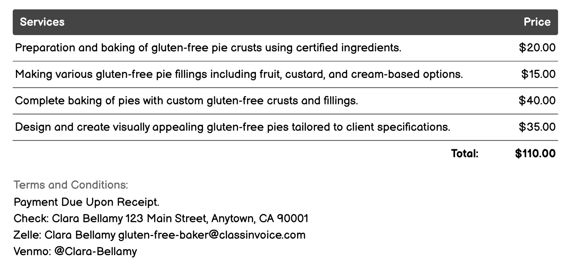 Pie Production Invoice Example