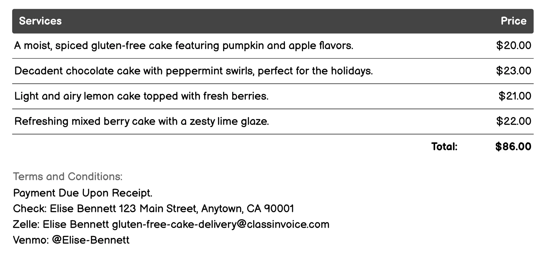 Seasonal Specials Delivery Invoice Example