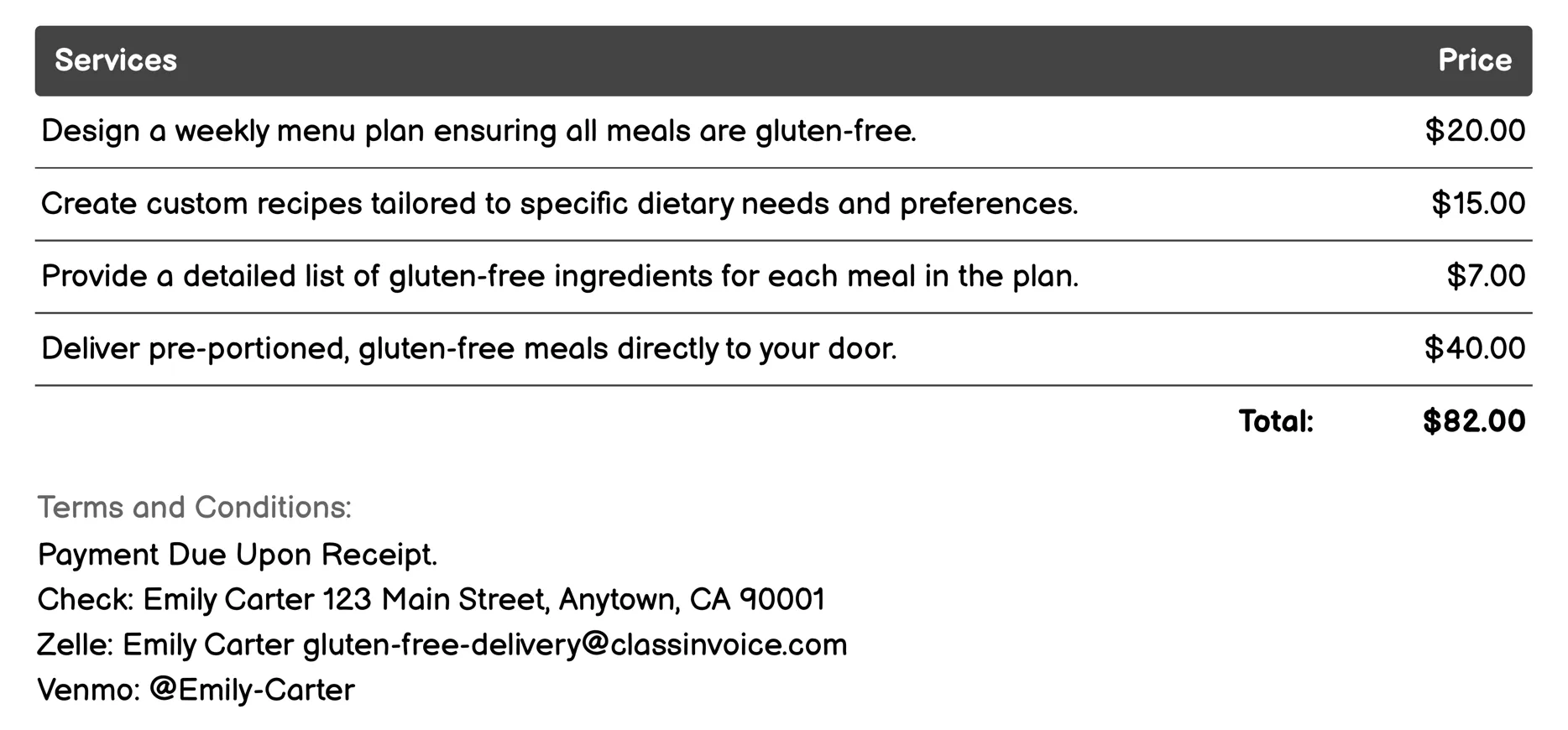 Meal Plan Subscription Invoice Example