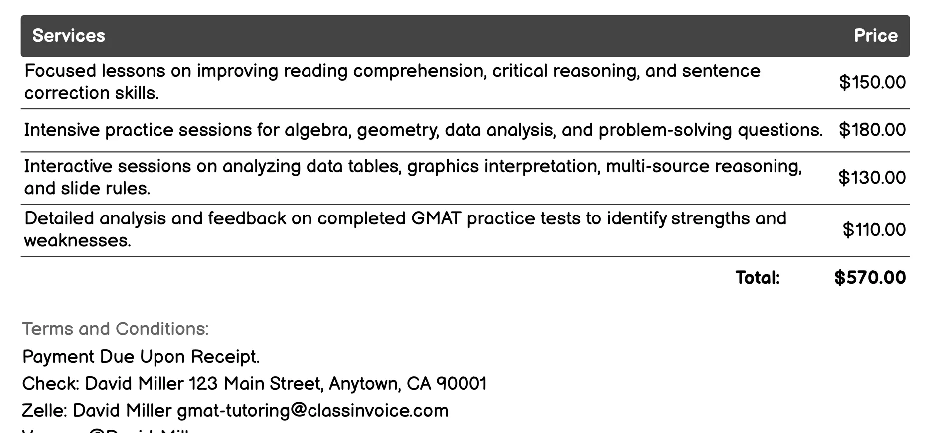Online Courses Invoice Example