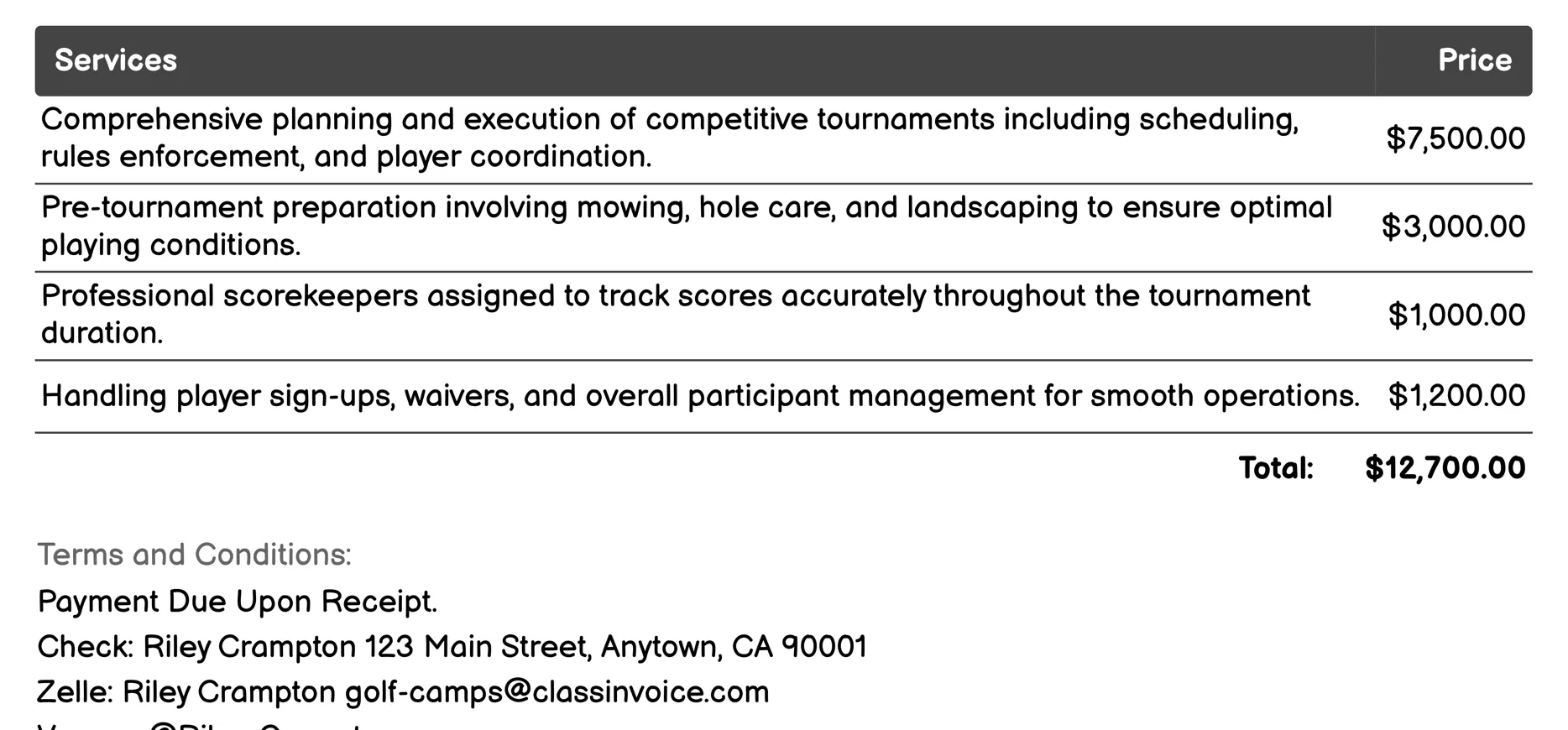 Competitive Tournaments Invoice Example