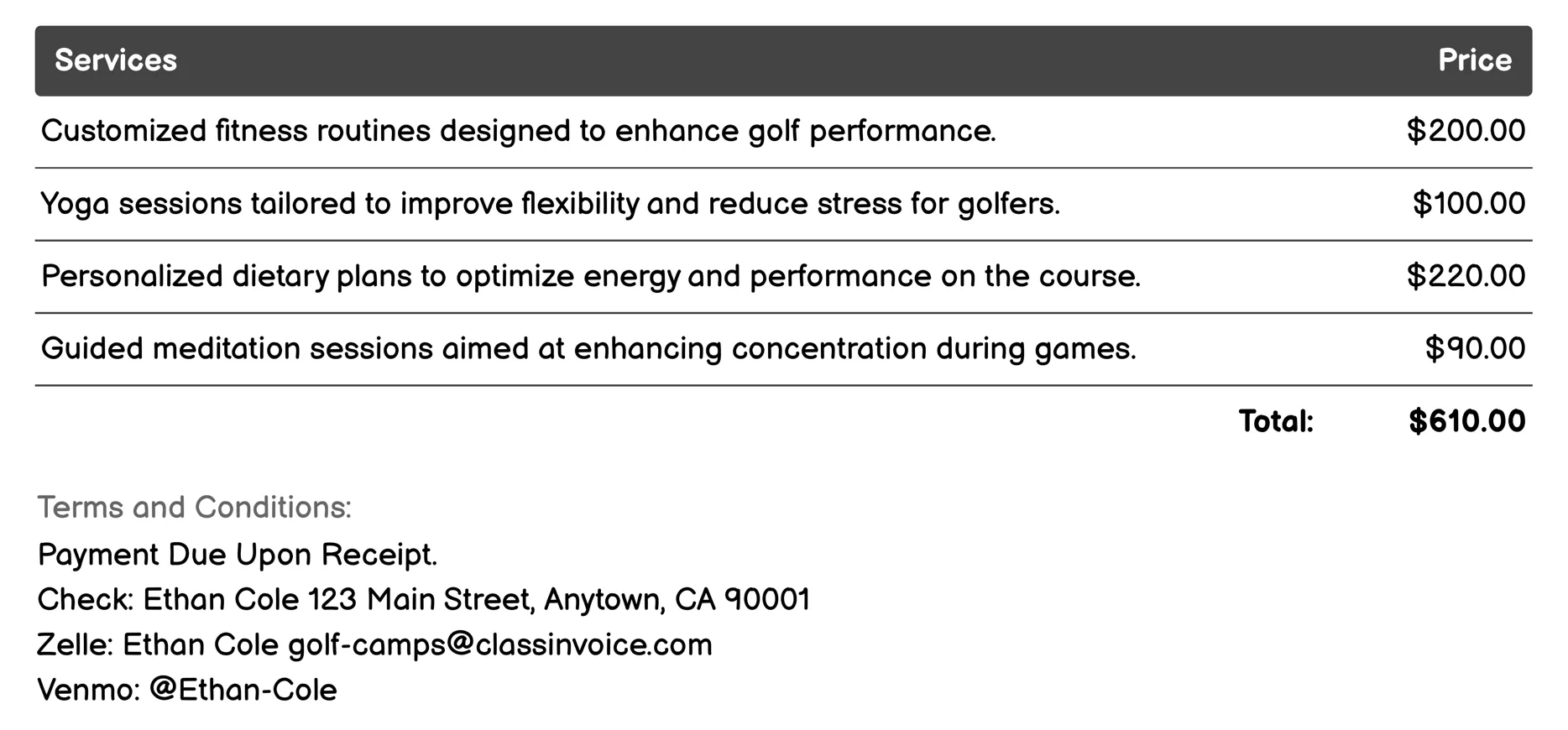 Fitness & Wellness Integration Invoice Example