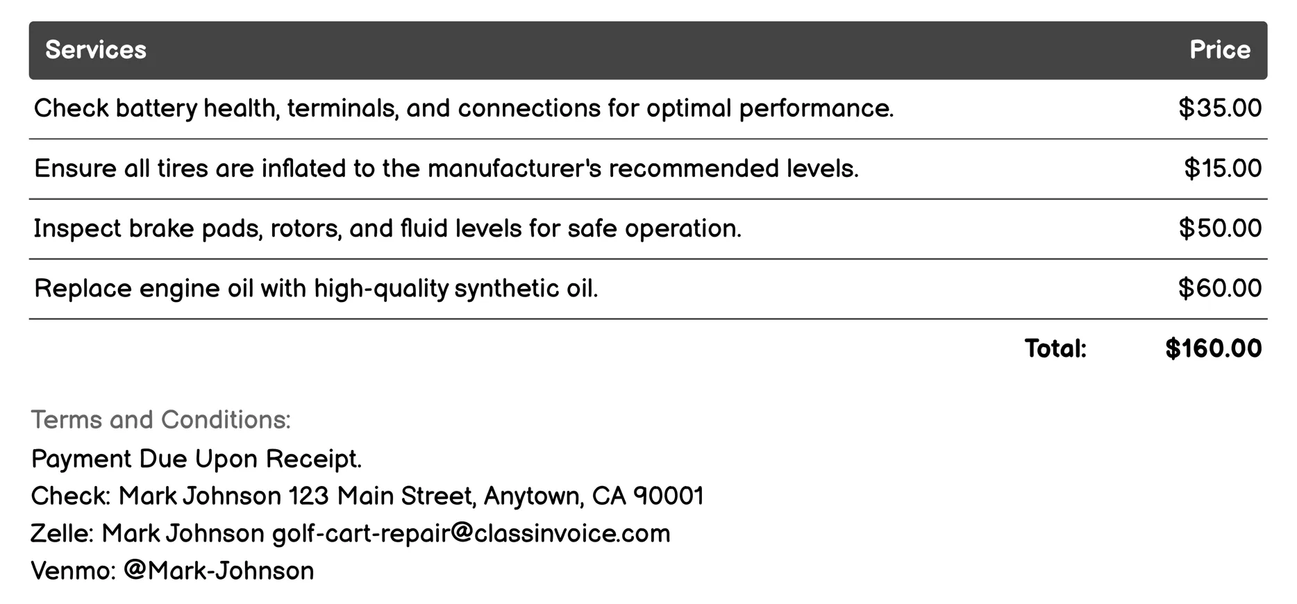 General Maintenance Checkup Invoice Example