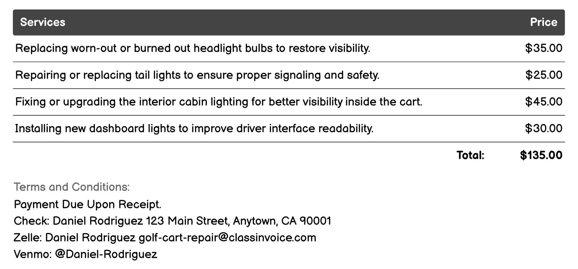 Lighting System Repair Invoice Example