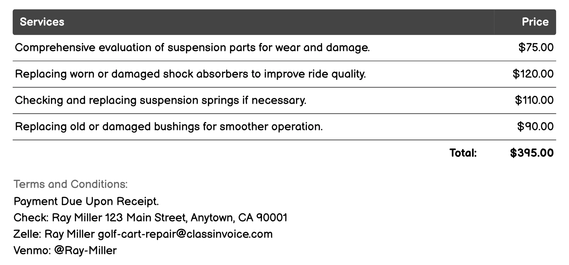 Suspension Maintenance Invoice Example