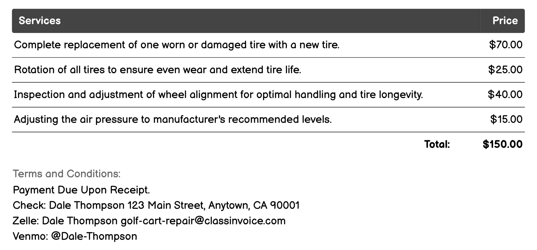 Tire Replacement Invoice Example