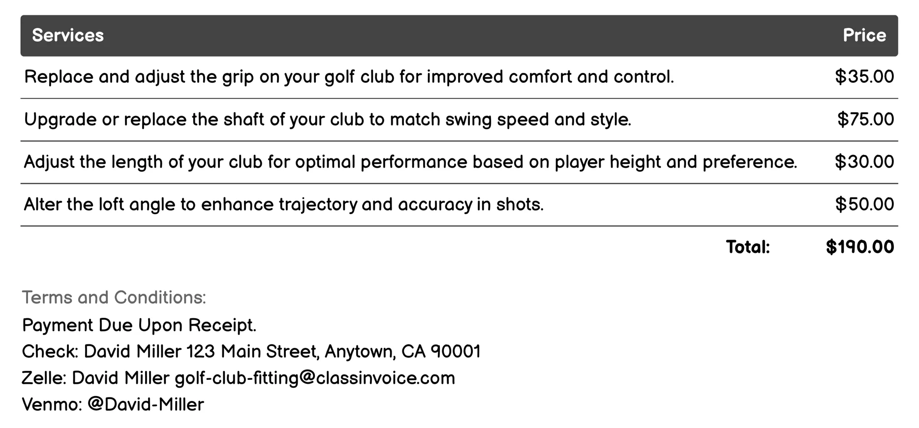 Tuning services Invoice Example