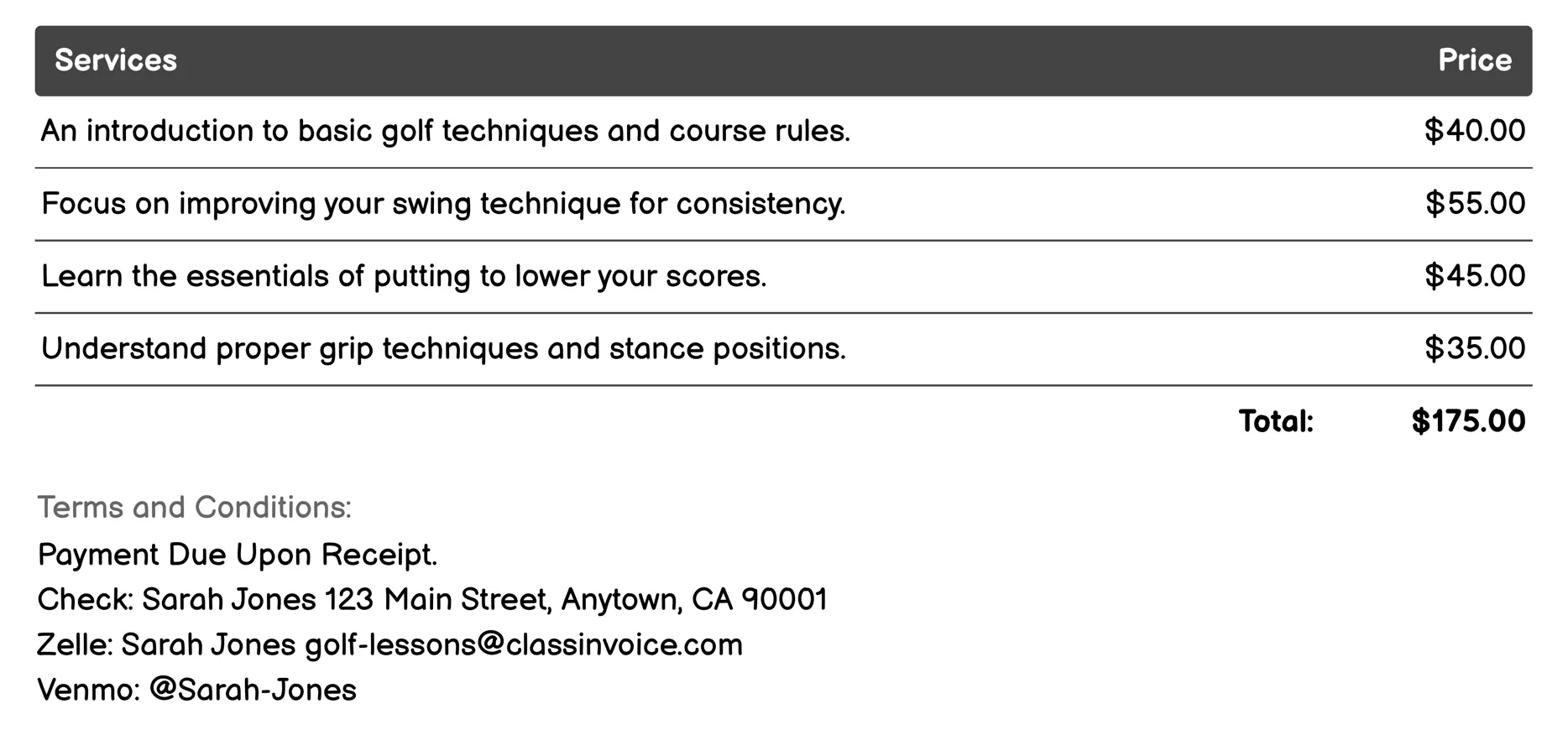 Beginner Golf Lessons Invoice Example