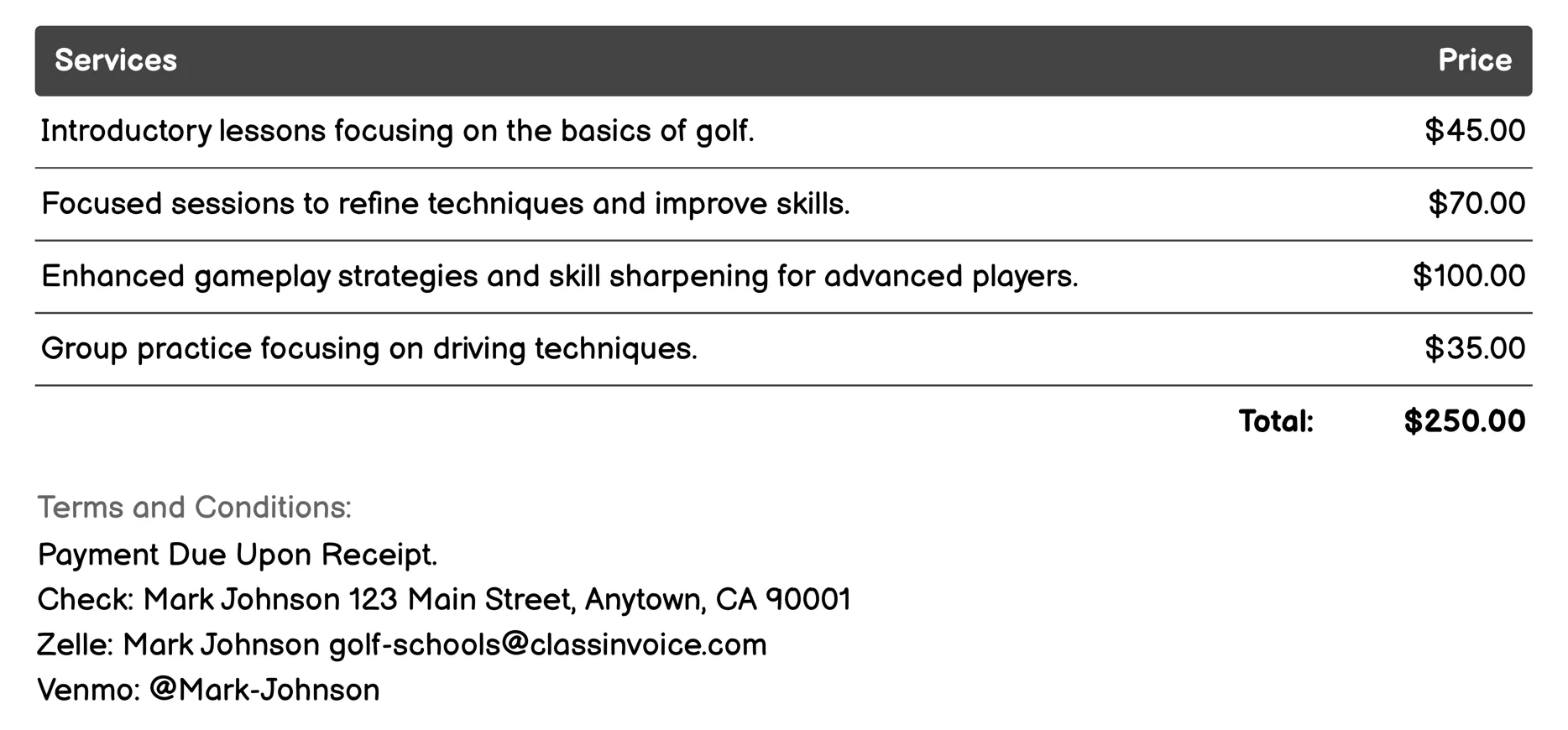 Group Lessons Invoice Example