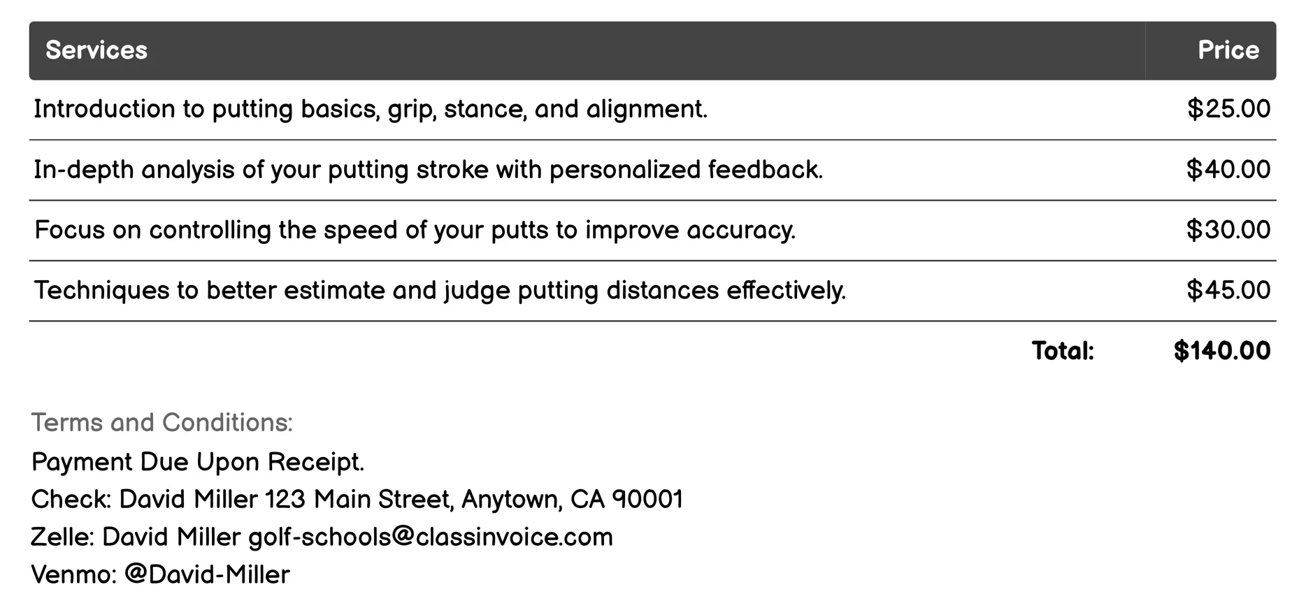 Putting Instruction Invoice Example