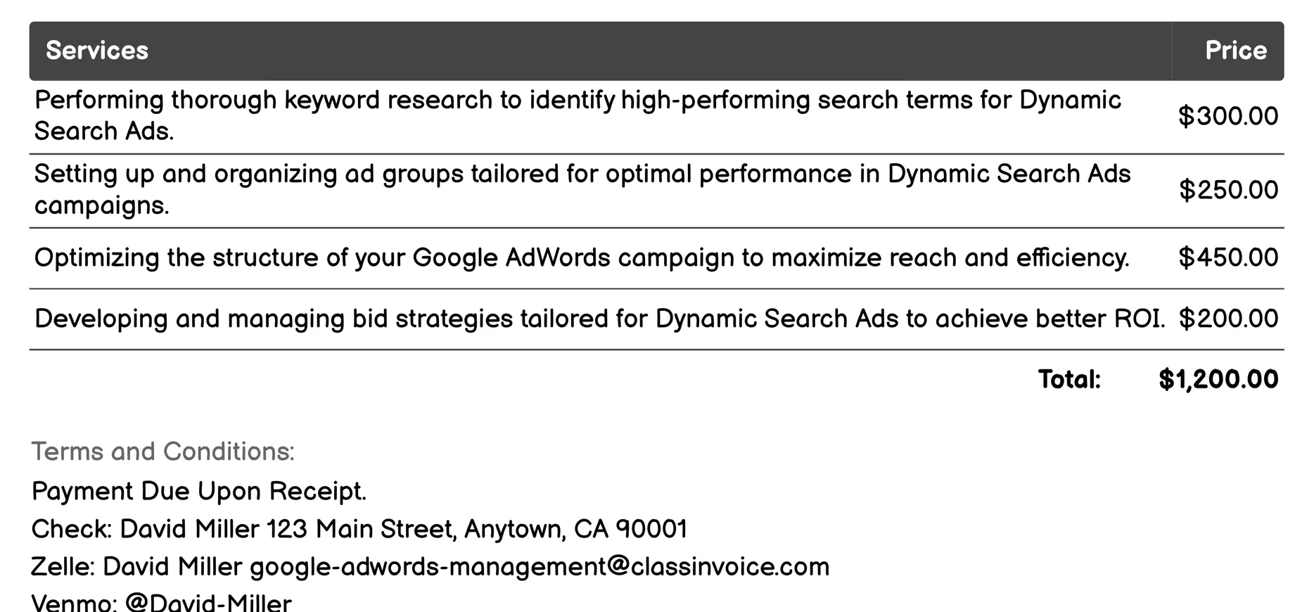 Dynamic Search Ads Invoice Example