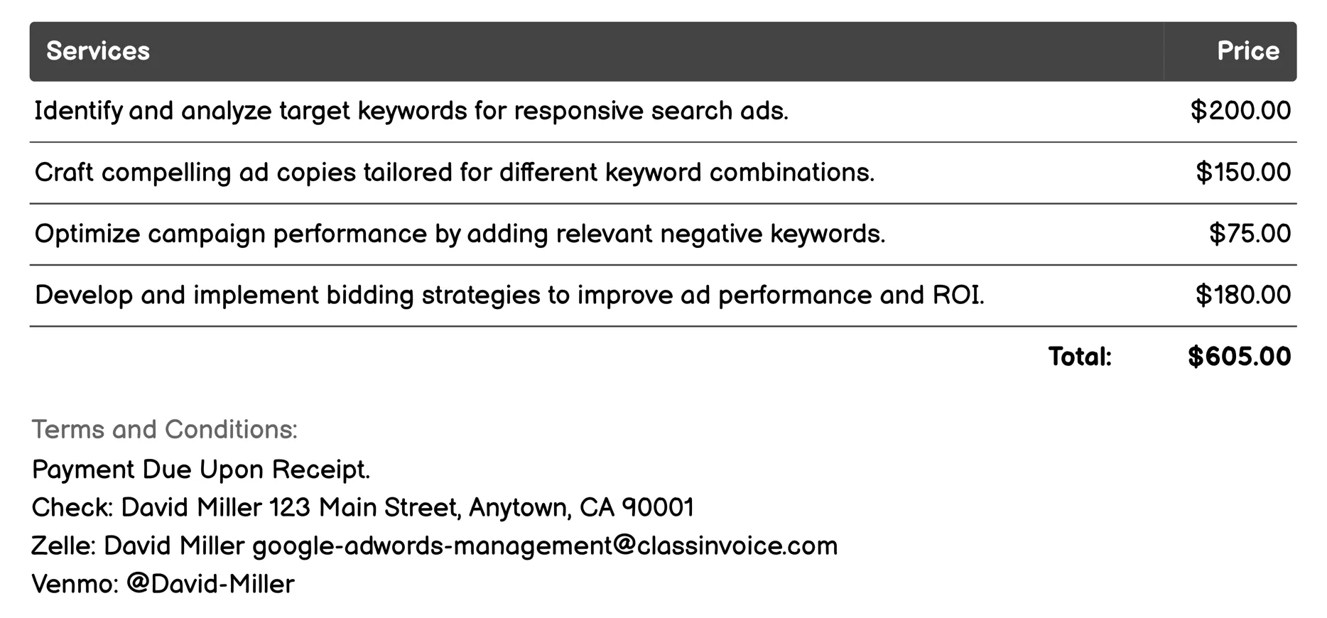 Responsive Search Ads Invoice Example