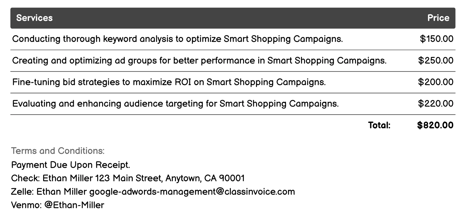 Smart Shopping Campaigns Invoice Example