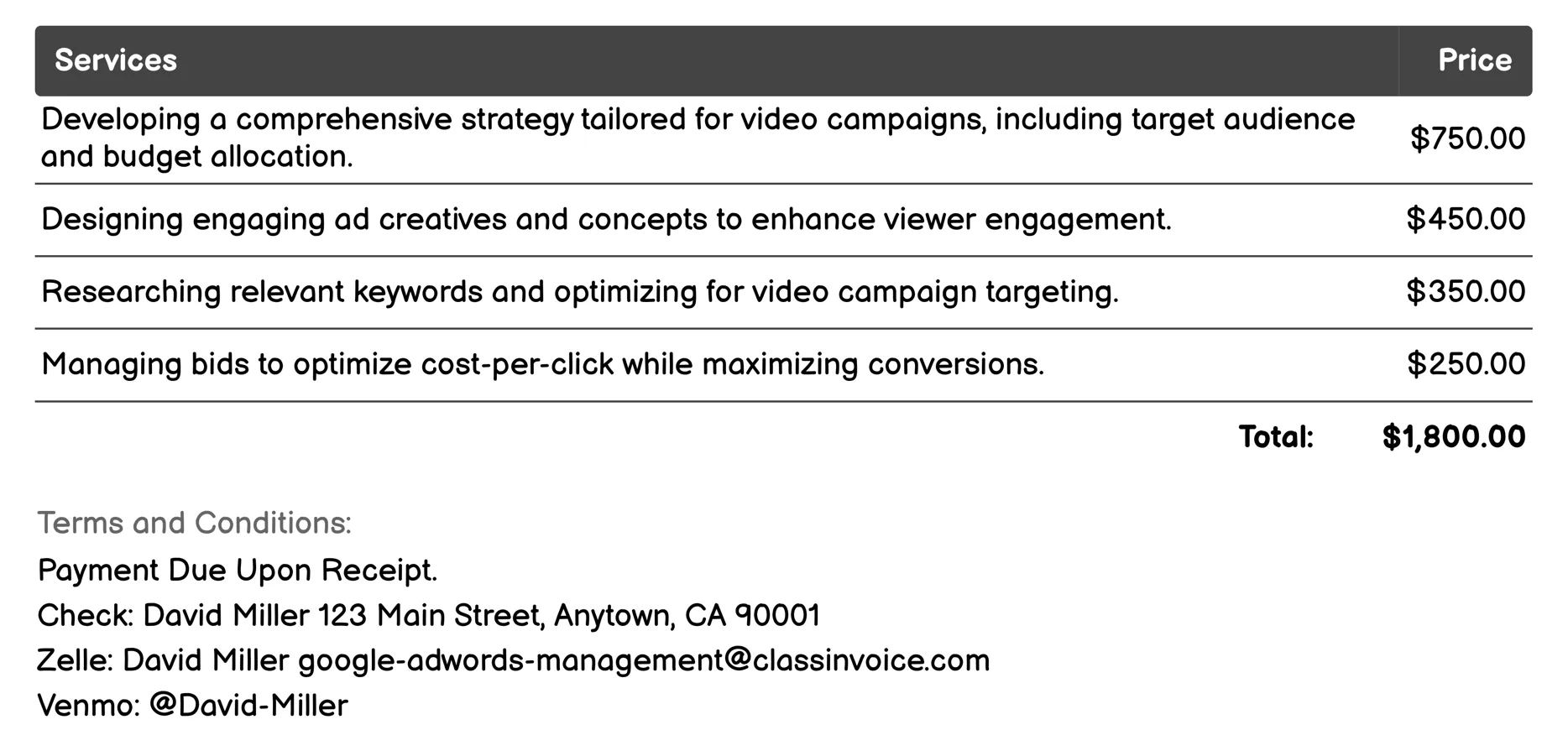 Video Campaigns Invoice Example