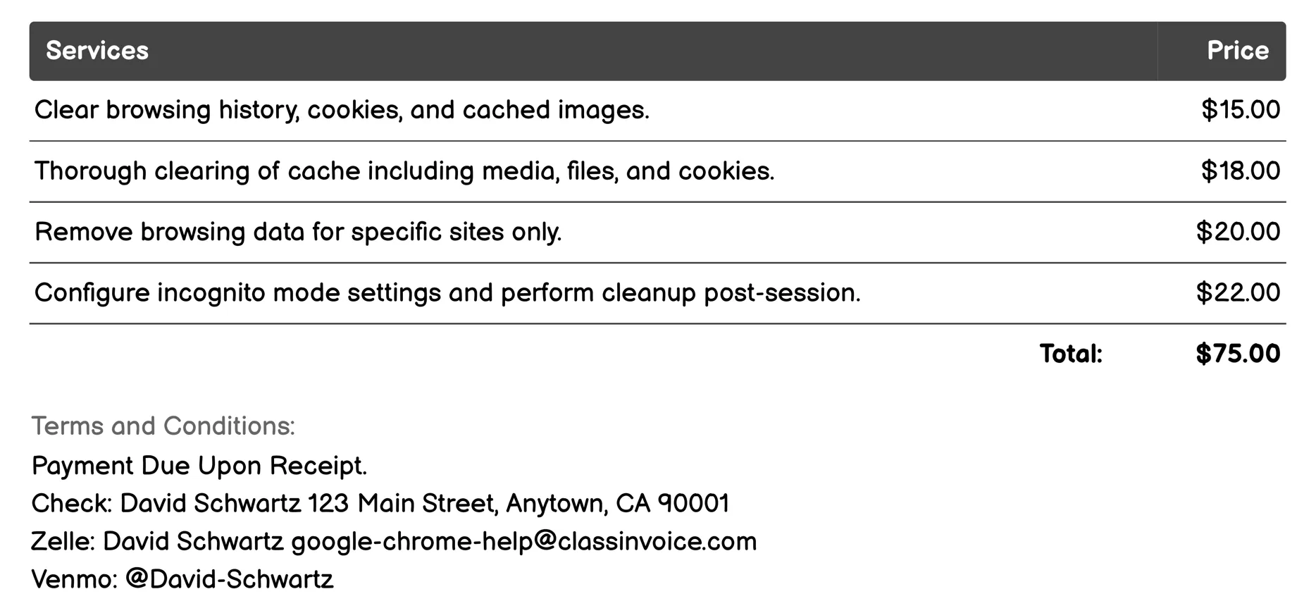 Clear Browsing Data Invoice Example