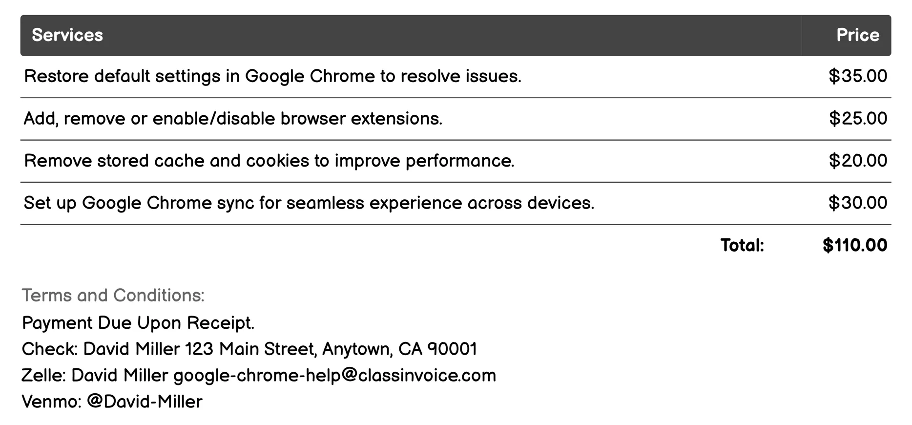 Manage Settings Invoice Example