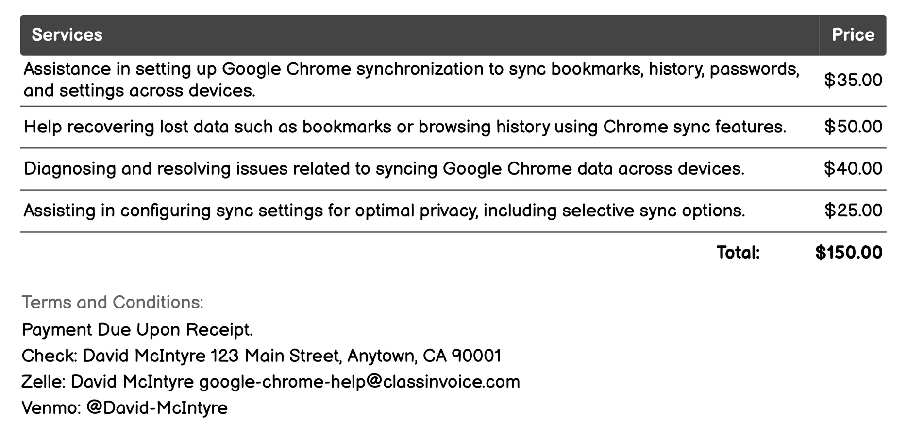 Sync Your Data Invoice Example