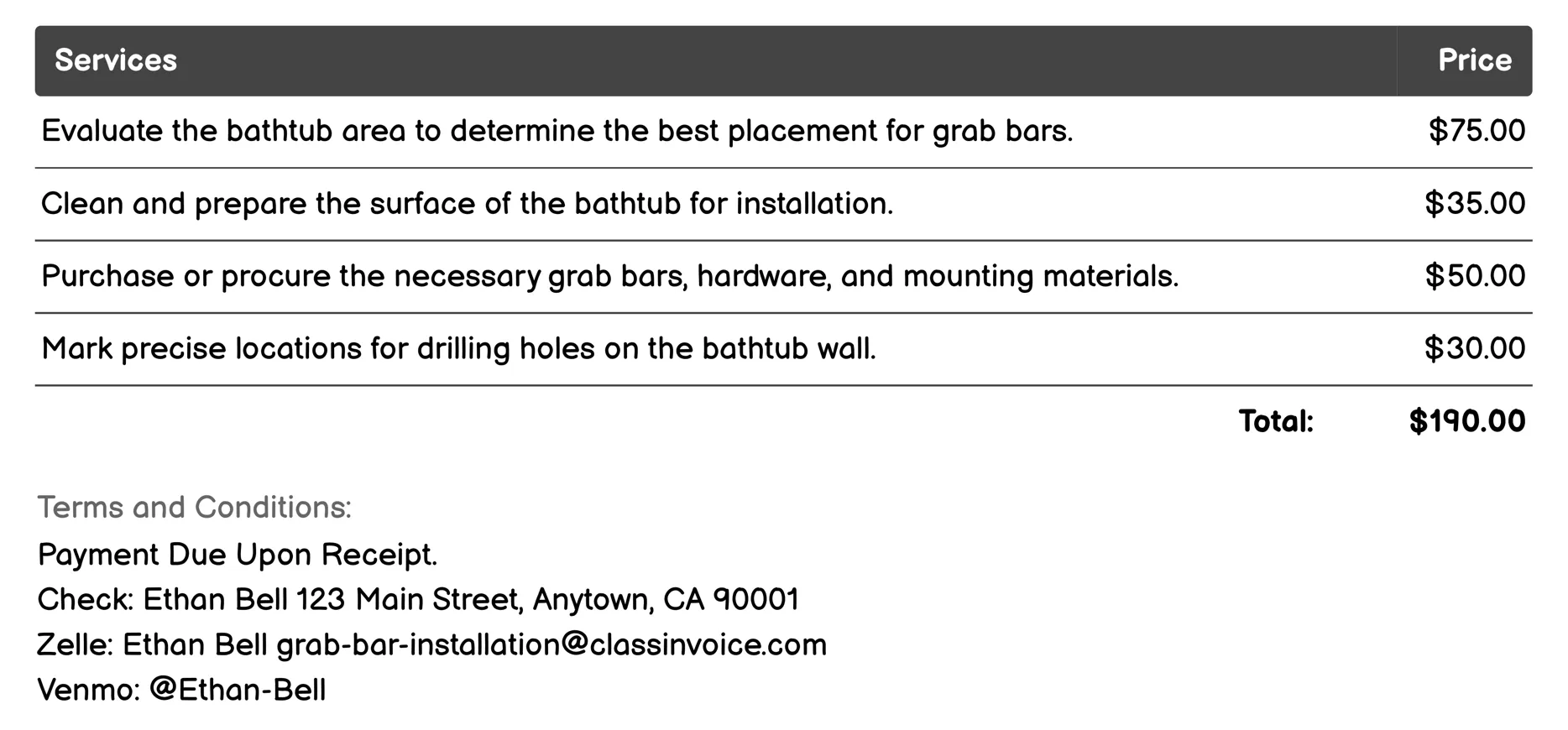 Bathtub Grab Bar Installation Invoice Example