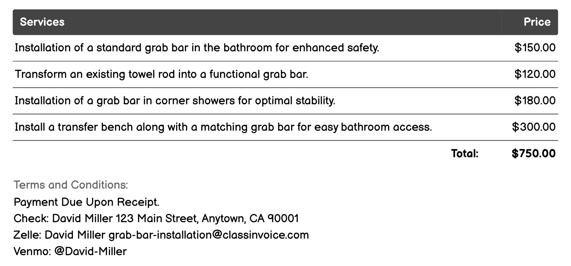 Custom Grab Bar Solutions Invoice Example
