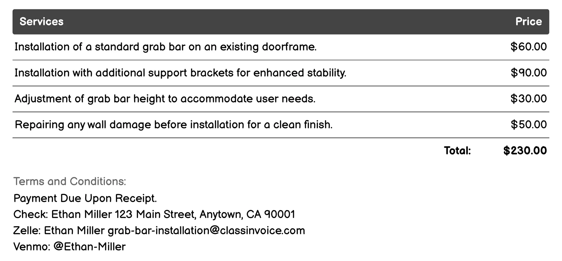 Doorframe Grab Bar Installation Invoice Example