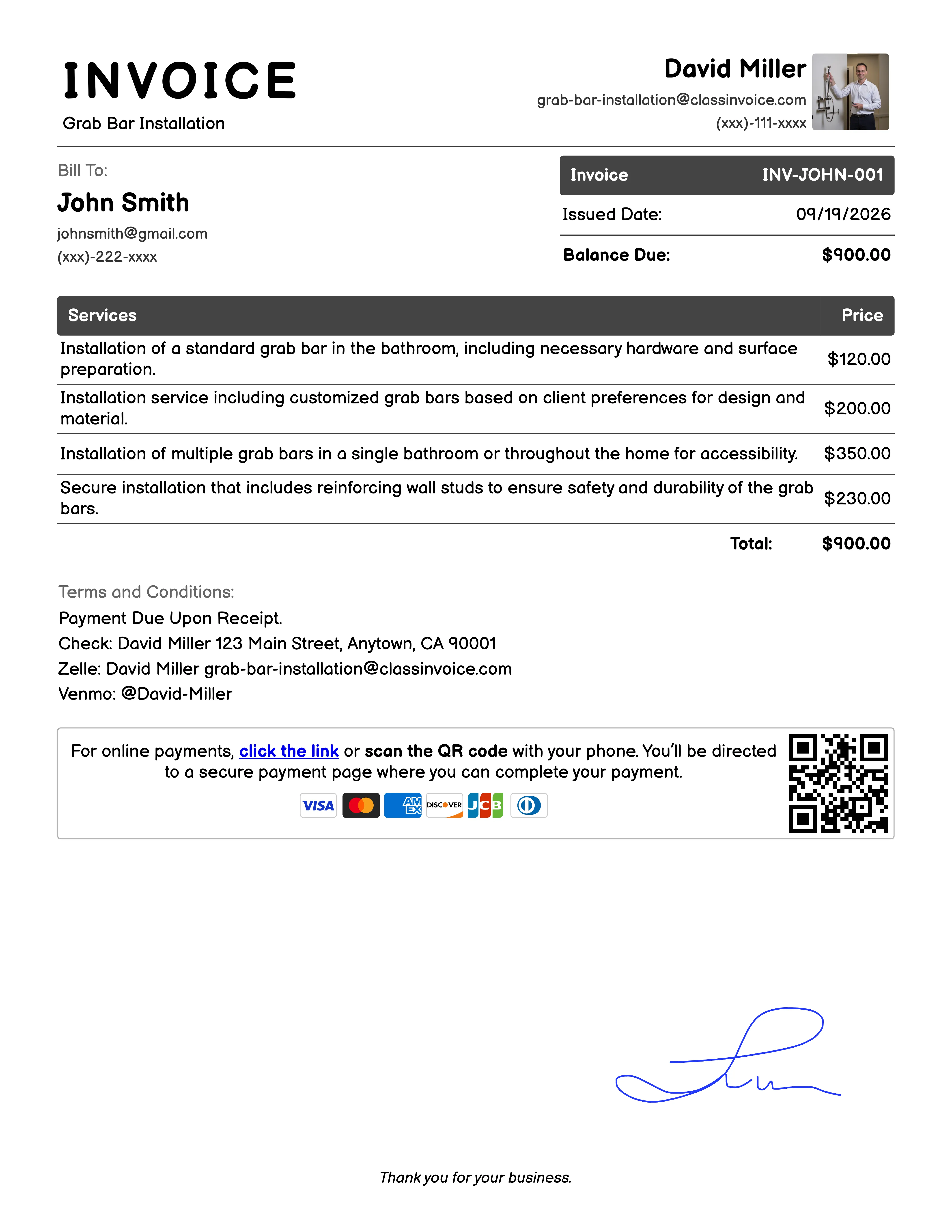 Grab Bar Installation Invoice Example