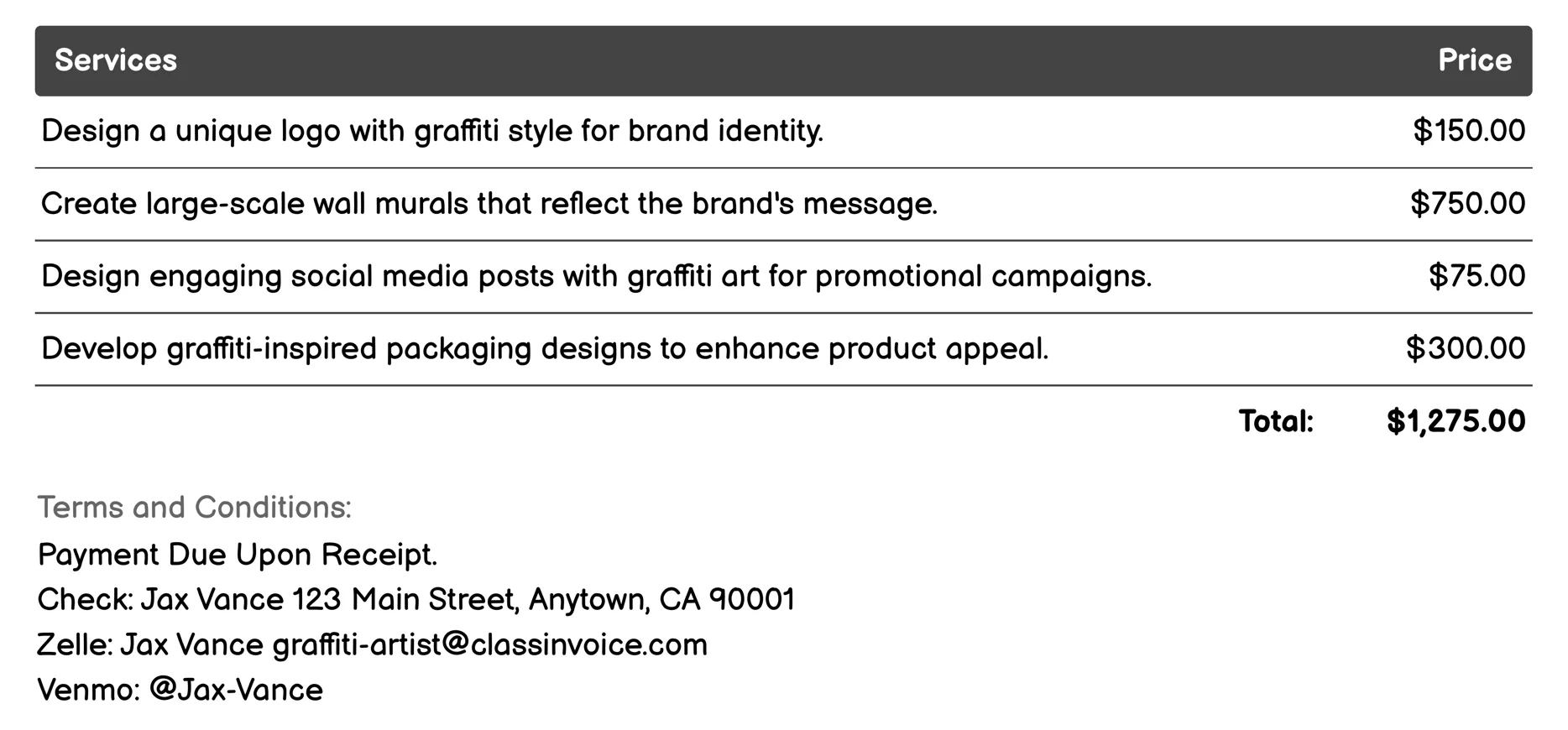 Brand and Marketing Artwork Invoice Example