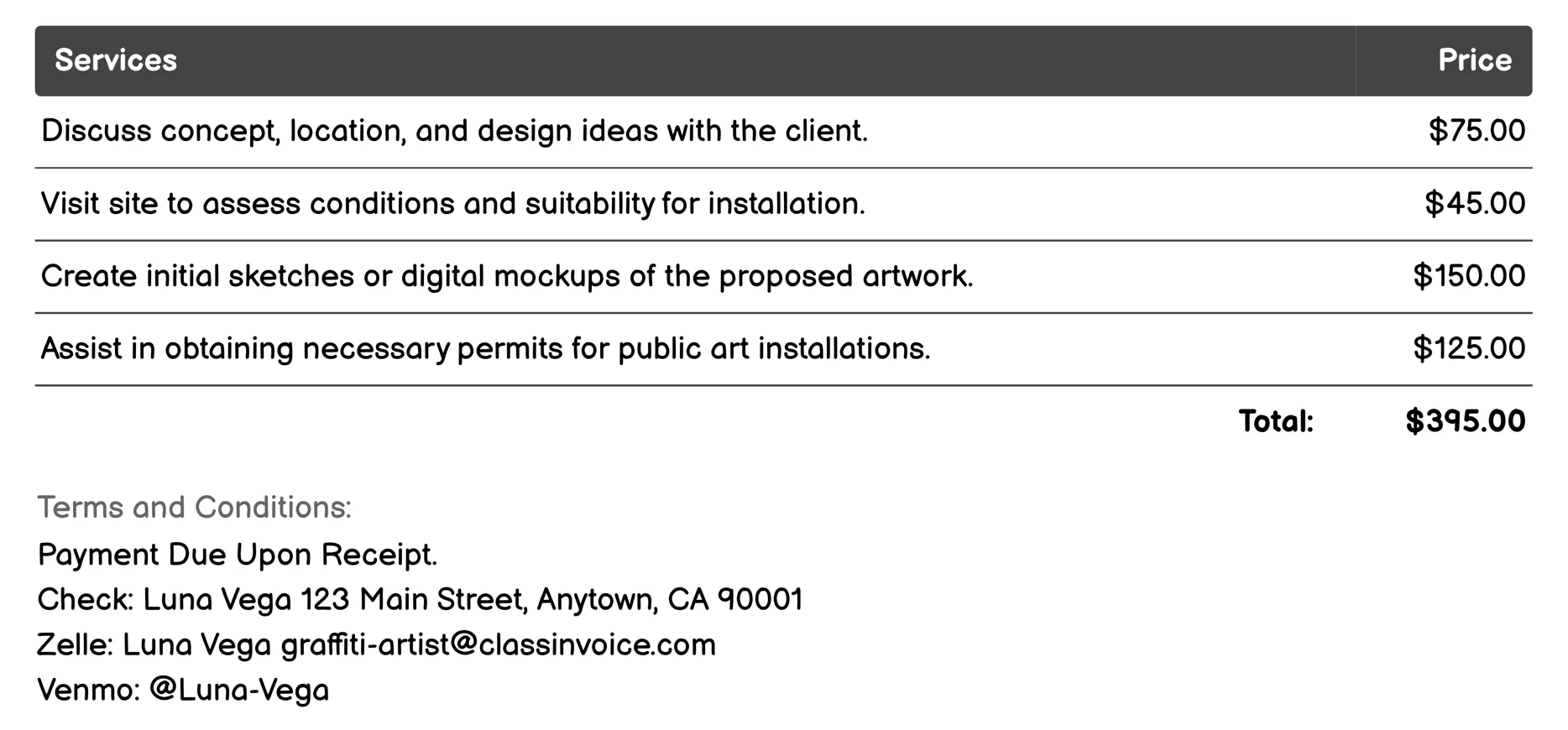 Street Art Installations Invoice Example