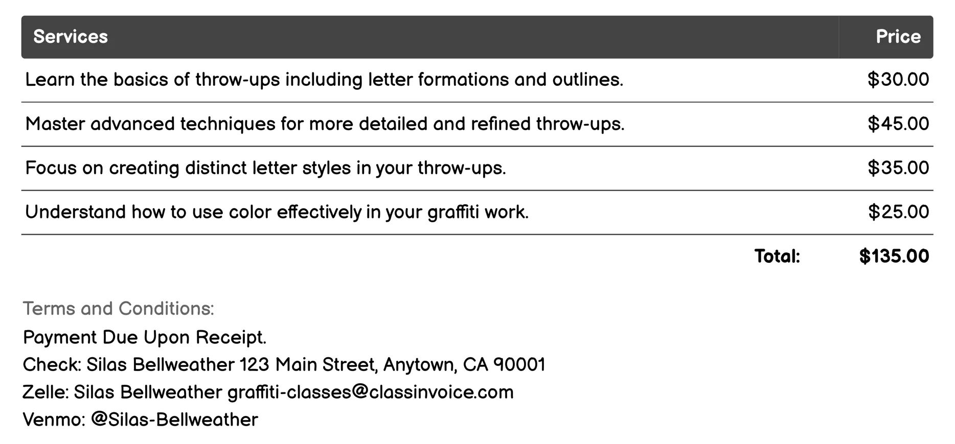 Throw-up Invoice Example