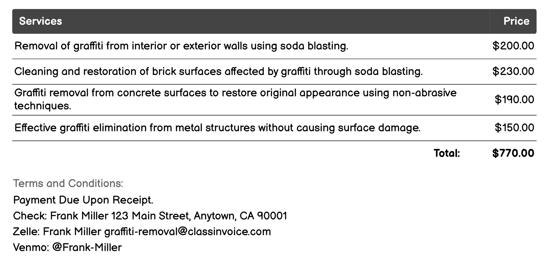Soda Blasting Invoice Example