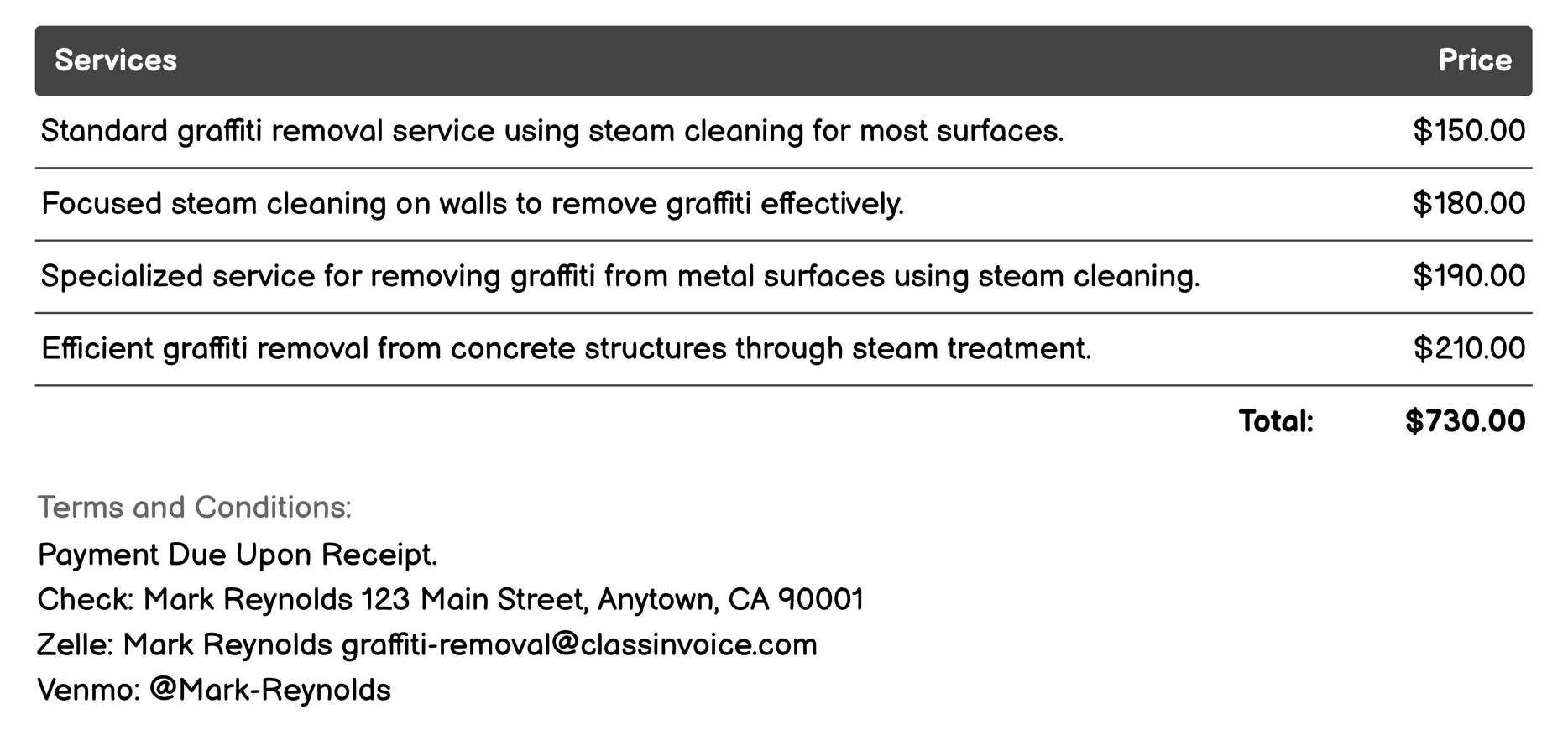 Steam Cleaning Invoice Example