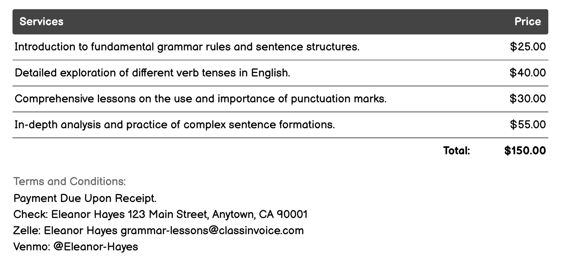 Academic Grammar Invoice Example